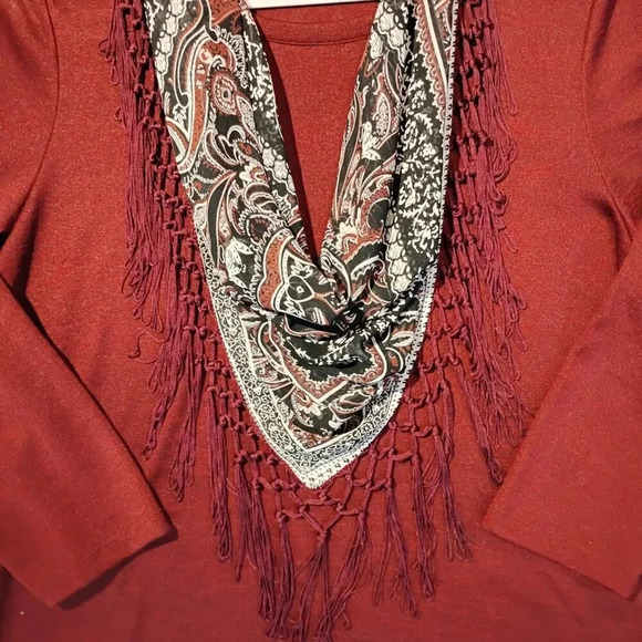 Women's  Burgundy Long Sleeve Blouse w/Detachable Fringed Scarf CK MEASUREMENTS - Picture 3 of 10